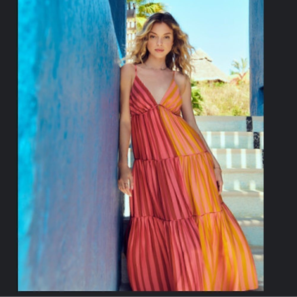 Anthropologie x Farm Rio Deep-V Mixed-Stripe Maxi Dress Size XS/P